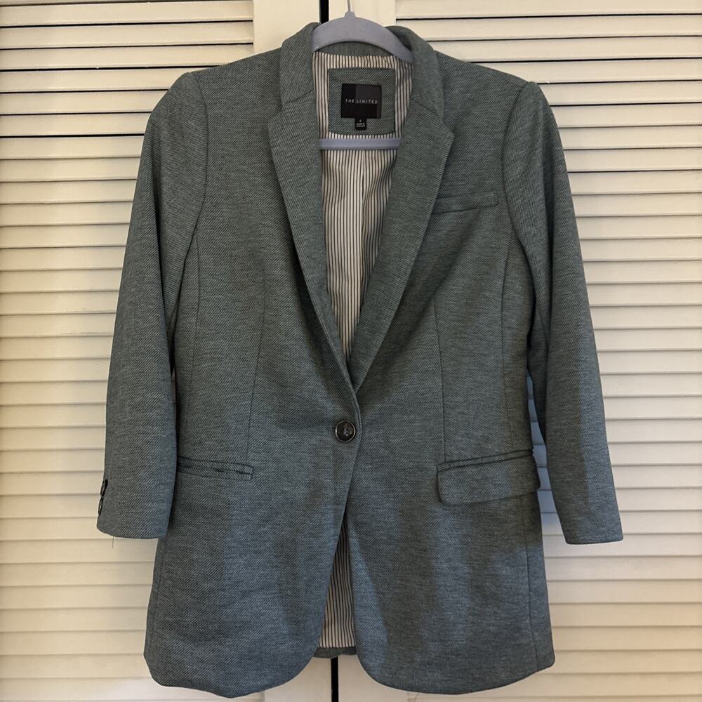 The Limited Womens Sz S Blazer Jacket Career Blue Gray Ruched Sleeve